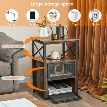 Set of 2 Bedside Tables with Flip Drawer Storage and Open Shelf Modern Industrial Design