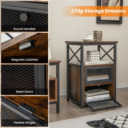 Set of 2 Bedside Tables with Flip Drawer Storage and Open Shelf Modern Industrial Design