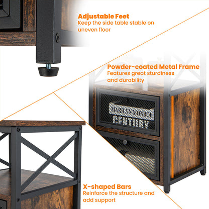 Set of 2 Bedside Tables with Flip Drawer Storage and Open Shelf Modern Industrial Design