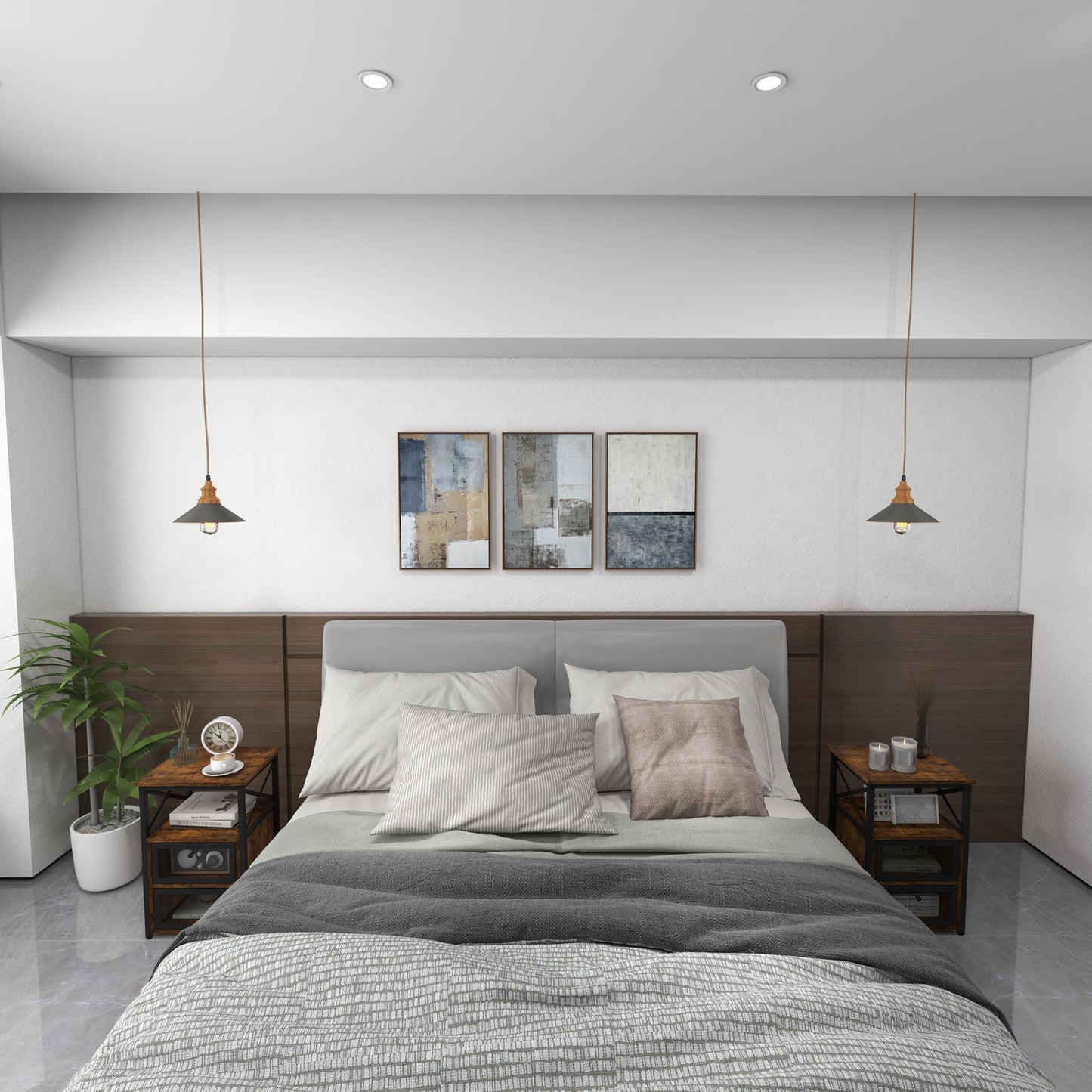 Set of 2 Bedside Tables with Flip Drawer Storage and Open Shelf Modern Industrial Design