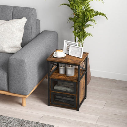 Set of 2 Bedside Tables with Flip Drawer Storage and Open Shelf Modern Industrial Design