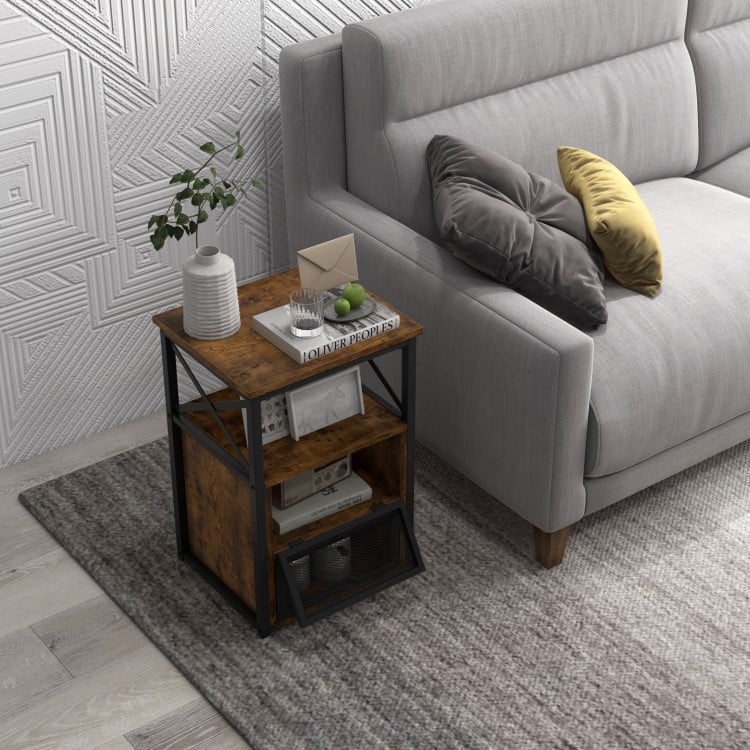 Set of 2 Bedside Tables with Flip Drawer Storage and Open Shelf Modern Industrial Design