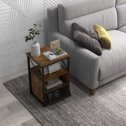 Set of 2 Bedside Tables with Flip Drawer Storage and Open Shelf Modern Industrial Design