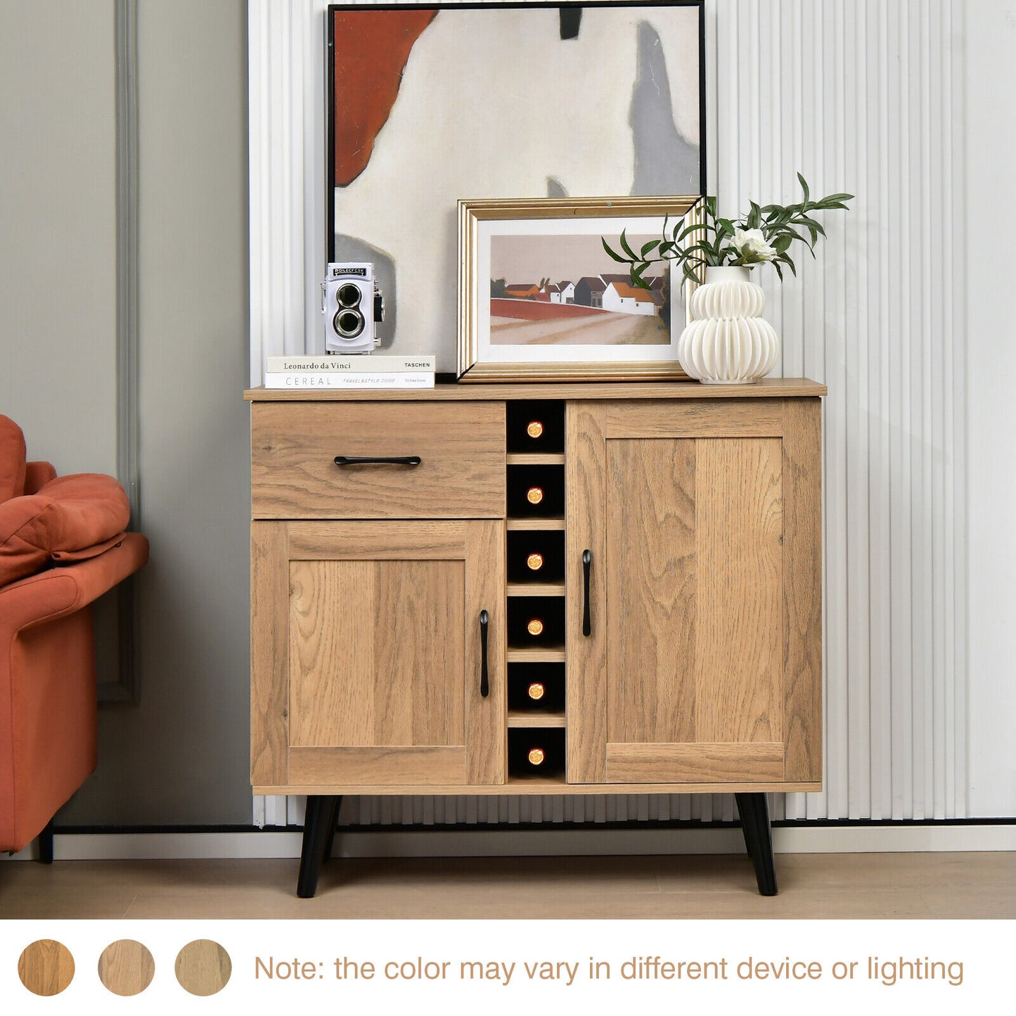 Modern Buffet Sideboard with 2 Cabinets, Storage Drawer and 6 Bottle Wine Rack - Natural
