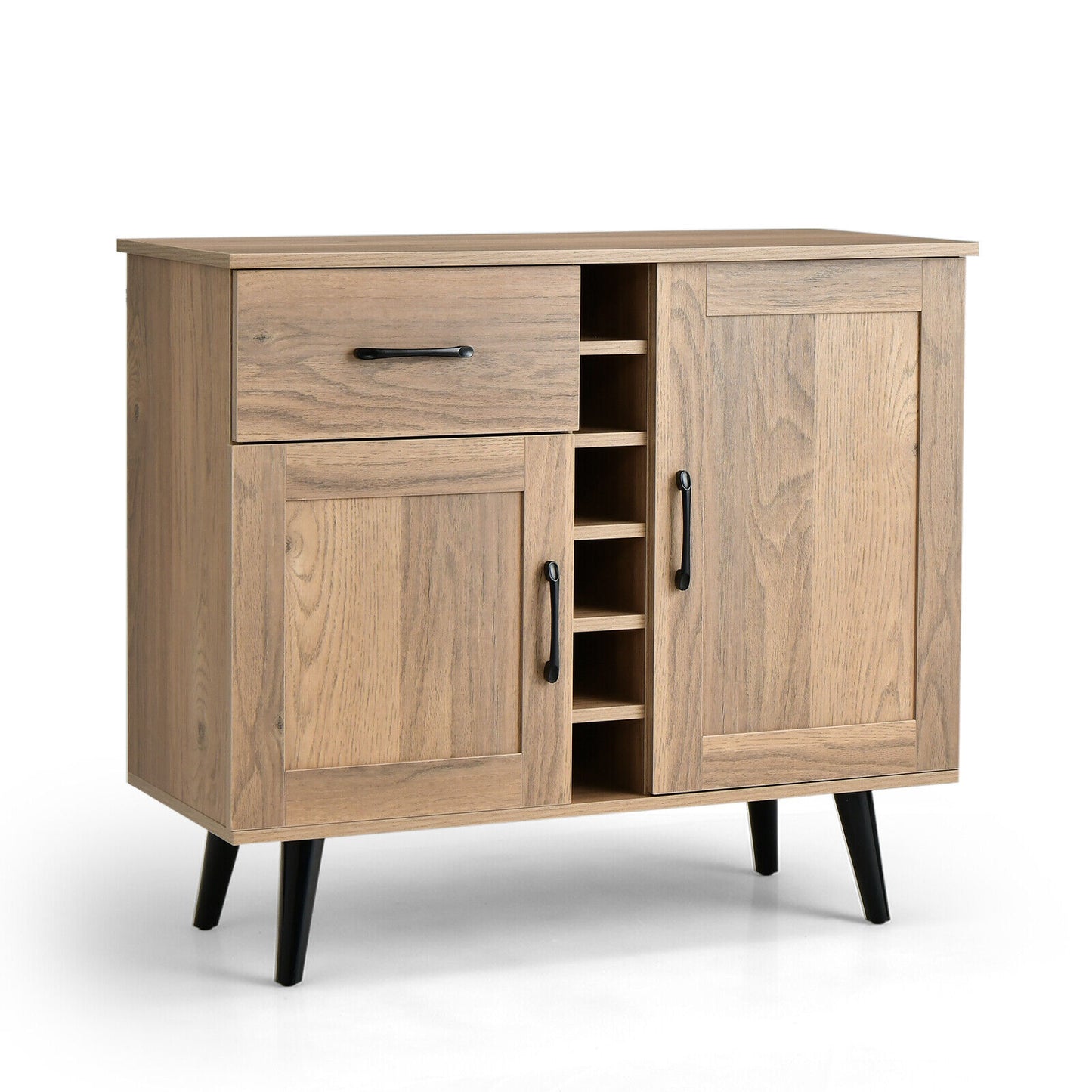 Modern Buffet Sideboard with 2 Cabinets, Storage Drawer and 6 Bottle Wine Rack - Natural