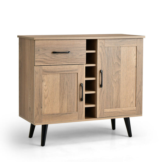 Modern Buffet Sideboard with 2 Cabinets, Storage Drawer and 6 Bottle Wine Rack - Natural