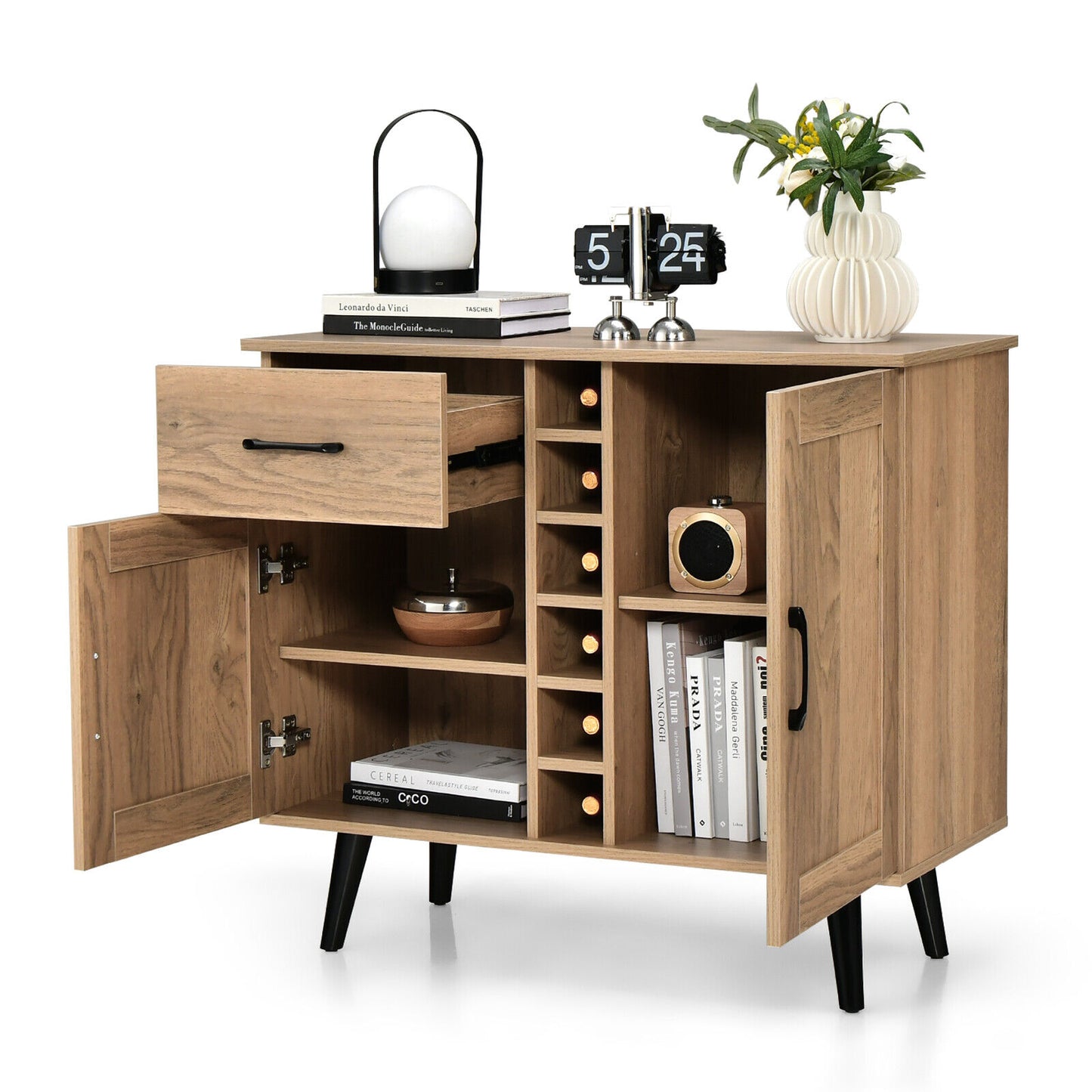 Modern Buffet Sideboard with 2 Cabinets, Storage Drawer and 6 Bottle Wine Rack - Natural
