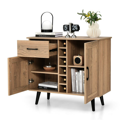 Modern Buffet Sideboard with 2 Cabinets, Storage Drawer and 6 Bottle Wine Rack - Natural
