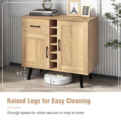Modern Buffet Sideboard with 2 Cabinets, Storage Drawer and 6 Bottle Wine Rack - Natural