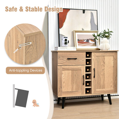 Modern Buffet Sideboard with 2 Cabinets, Storage Drawer and 6 Bottle Wine Rack - Natural