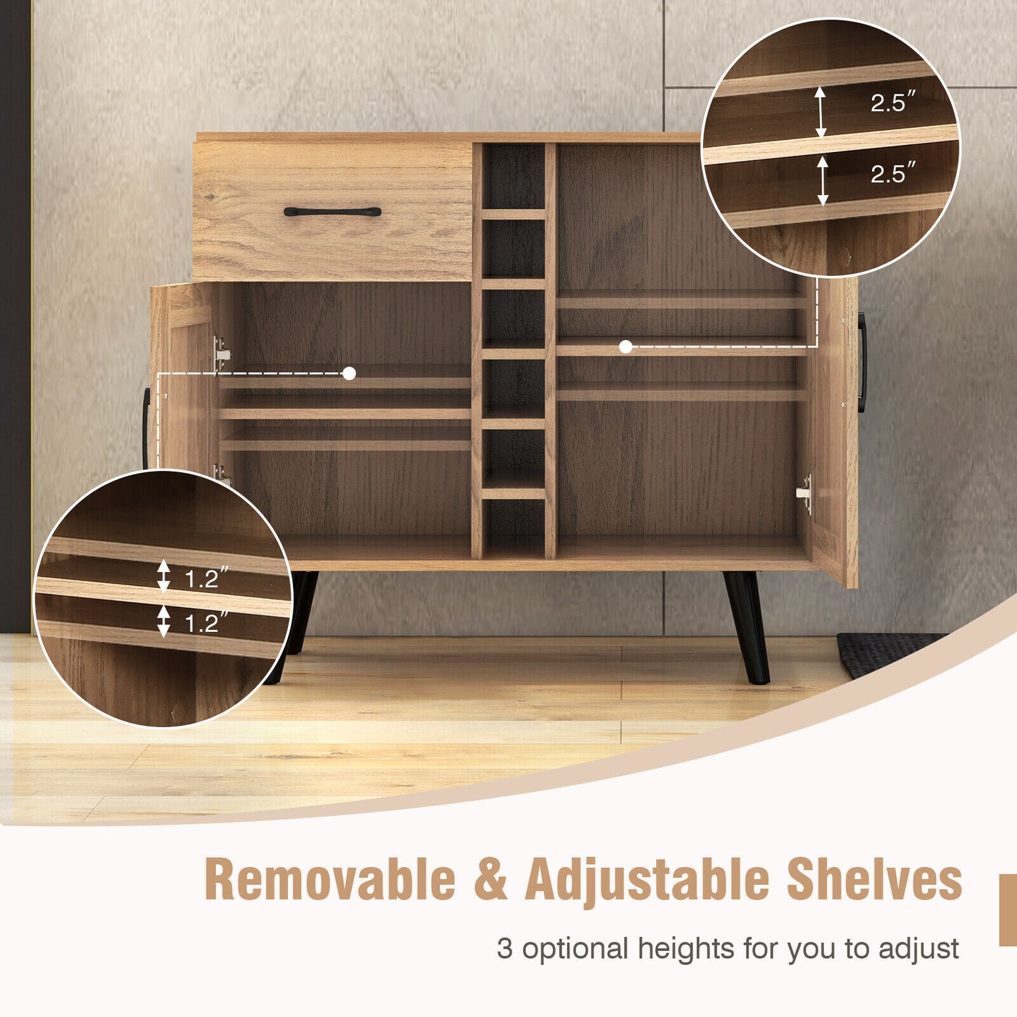 Modern Buffet Sideboard with 2 Cabinets, Storage Drawer and 6 Bottle Wine Rack - Natural