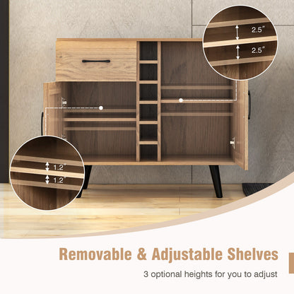 Modern Buffet Sideboard with 2 Cabinets, Storage Drawer and 6 Bottle Wine Rack - Natural