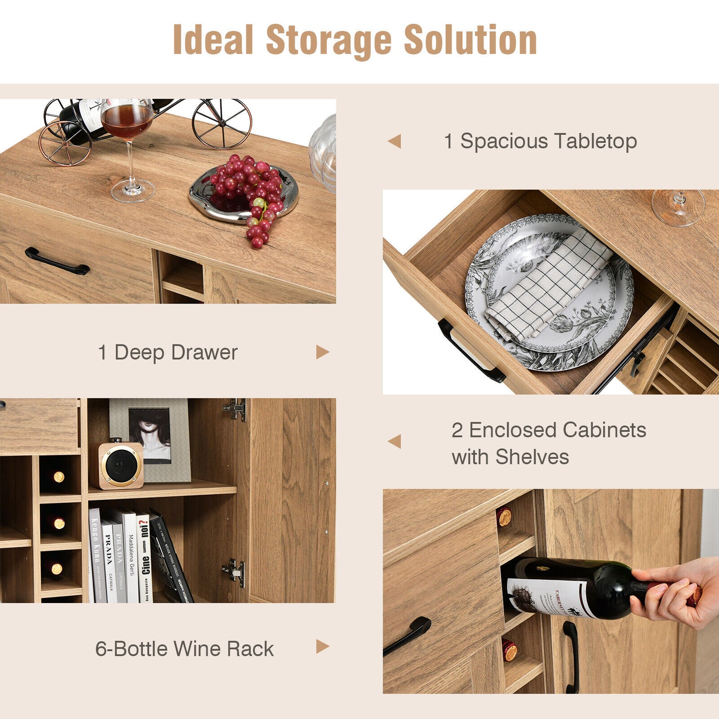 Modern Buffet Sideboard with 2 Cabinets, Storage Drawer and 6 Bottle Wine Rack - Natural
