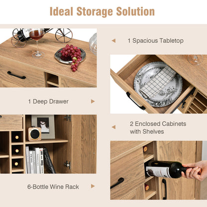 Modern Buffet Sideboard with 2 Cabinets, Storage Drawer and 6 Bottle Wine Rack - Natural