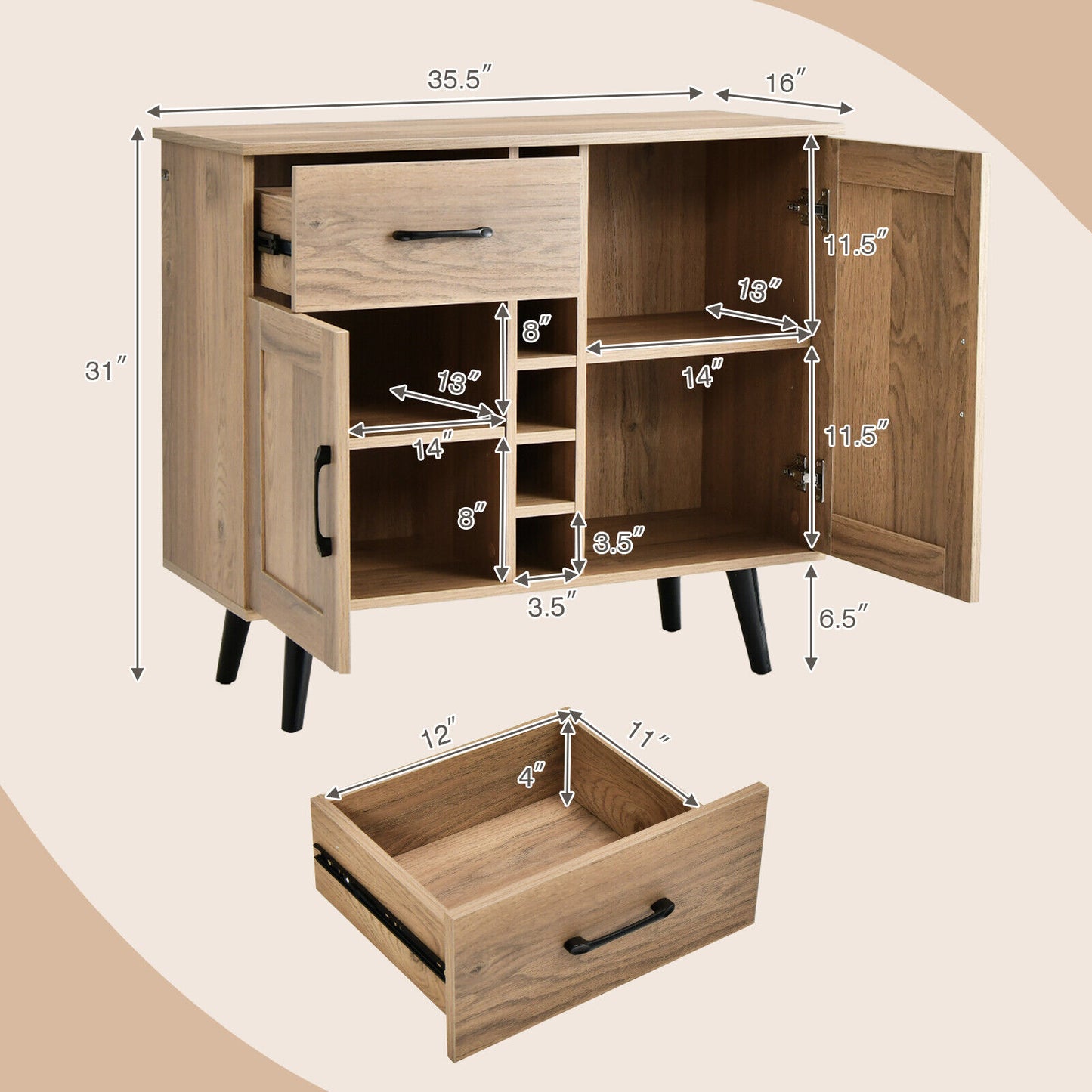 Modern Buffet Sideboard with 2 Cabinets, Storage Drawer and 6 Bottle Wine Rack - Natural