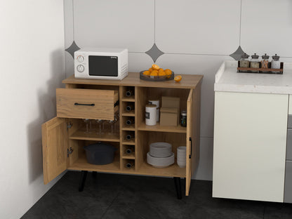 Modern Buffet Sideboard with 2 Cabinets, Storage Drawer and 6 Bottle Wine Rack - Natural