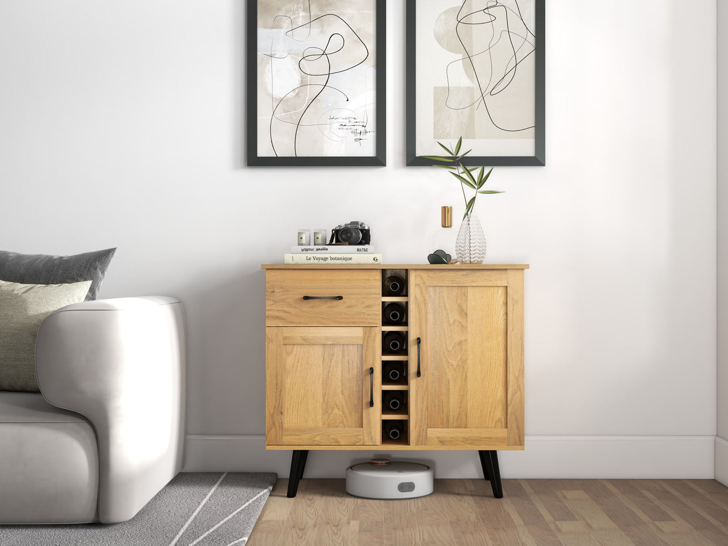Modern Buffet Sideboard with 2 Cabinets, Storage Drawer and 6 Bottle Wine Rack - Natural