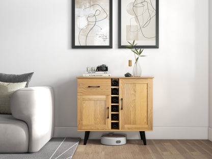 Modern Buffet Sideboard with 2 Cabinets, Storage Drawer and 6 Bottle Wine Rack - Natural