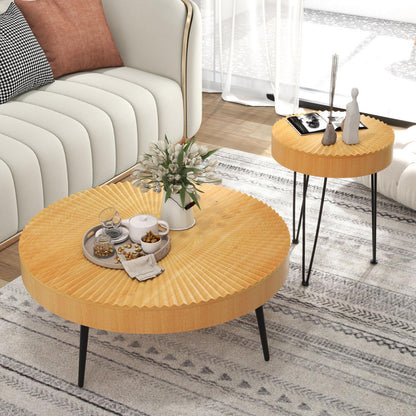 Wooden Coffee Table Set of 2 with Radial Pattern Tops, Metal Legs and Adjustable Foot Pads