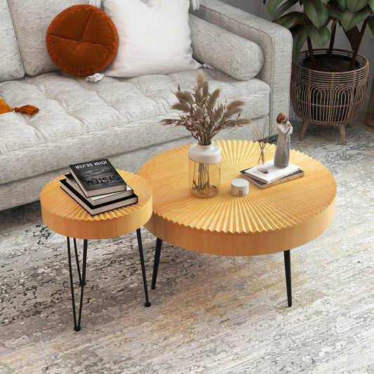 Wooden Coffee Table Set of 2 with Radial Pattern Tops, Metal Legs and Adjustable Foot Pads