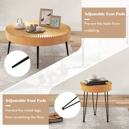 Wooden Coffee Table Set of 2 with Radial Pattern Tops, Metal Legs and Adjustable Foot Pads