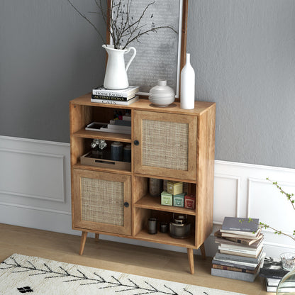 Boho Rattan Sideboard Cabinet with Double Doors and Open Storage Cubbies Natural Finish