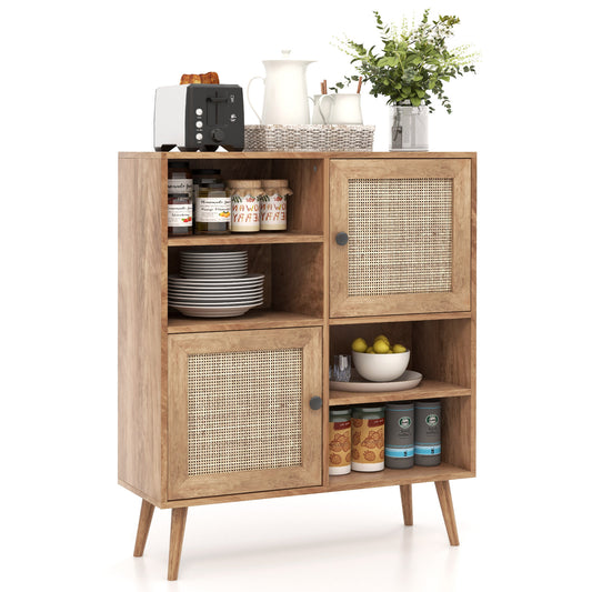 Boho Rattan Sideboard Cabinet with Double Doors and Open Storage Cubbies Natural Finish