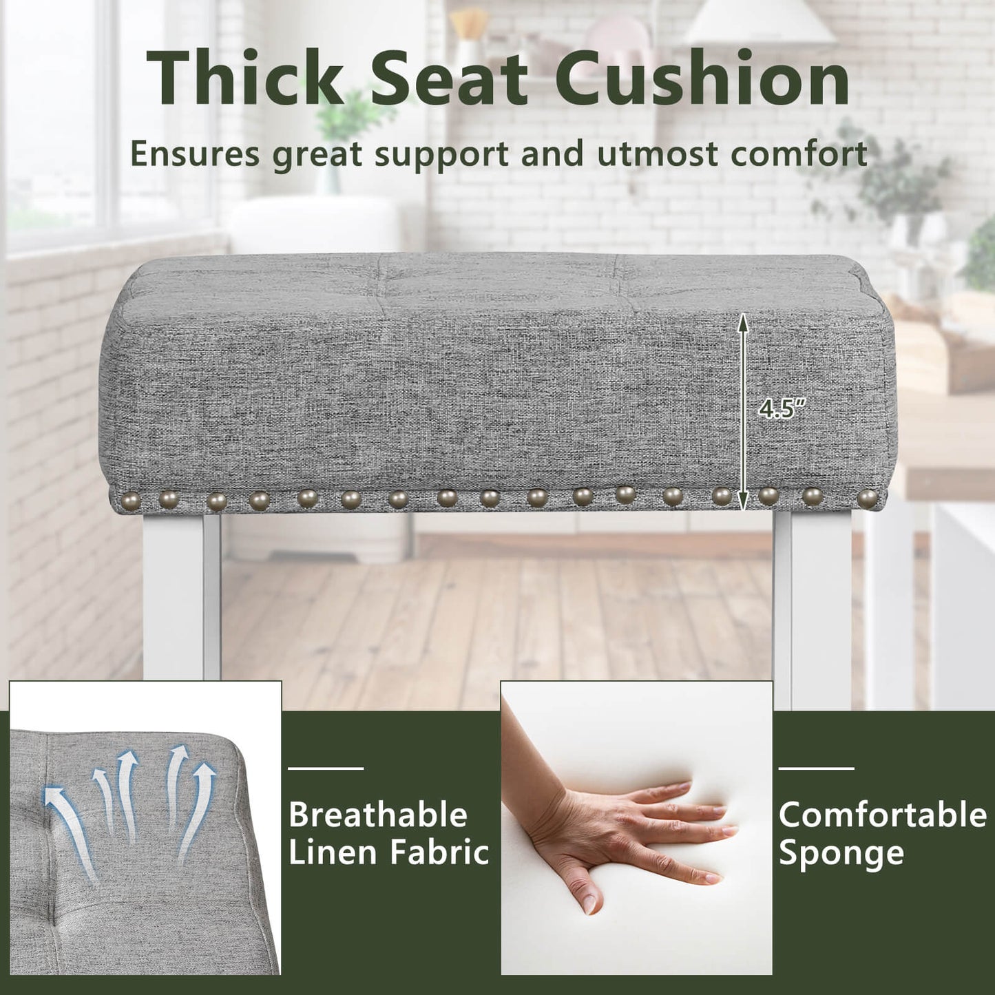 Set of 2 Counter Height Bar Stools with Tufted Cushions and Linen Upholstery 29 Inch