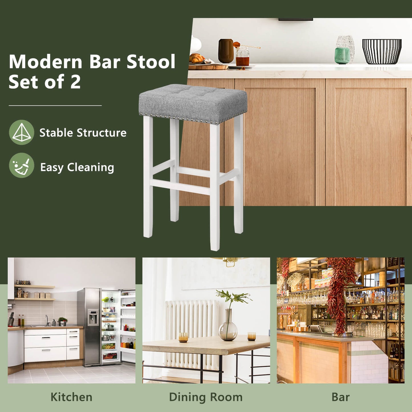 Set of 2 Counter Height Bar Stools with Tufted Cushions and Linen Upholstery 29 Inch