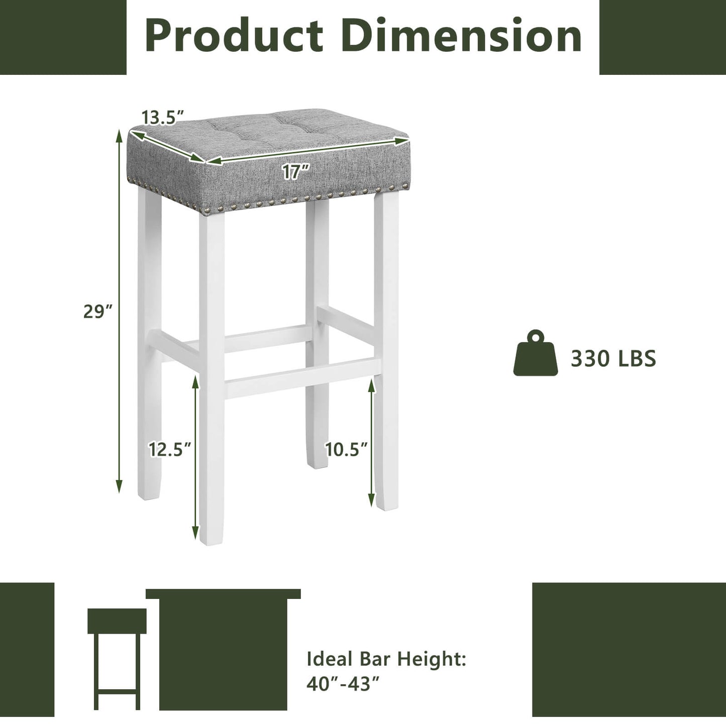 Set of 2 Counter Height Bar Stools with Tufted Cushions and Linen Upholstery 29 Inch