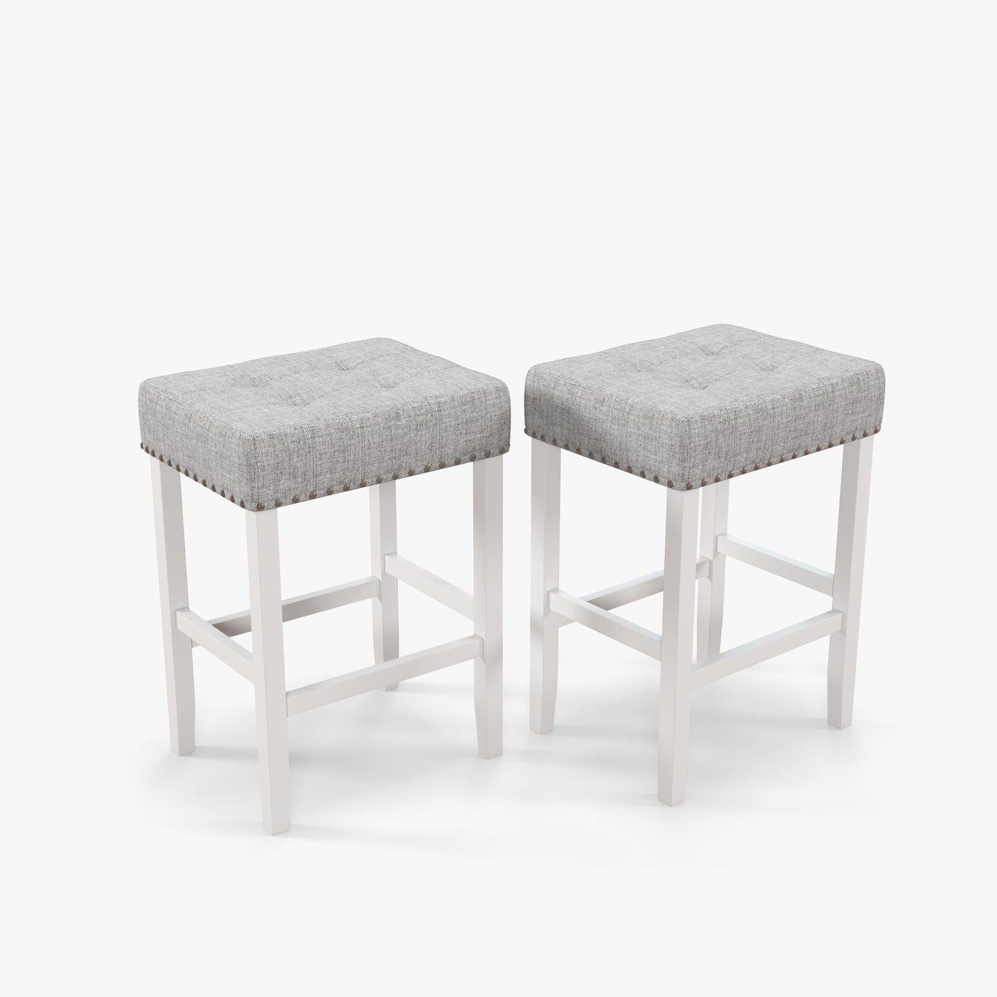 Set of 2 Counter Height Bar Stools with Tufted Cushions and Linen Upholstery 29 Inch