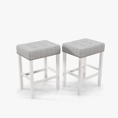 Set of 2 Counter Height Bar Stools with Tufted Cushions and Linen Upholstery 29 Inch