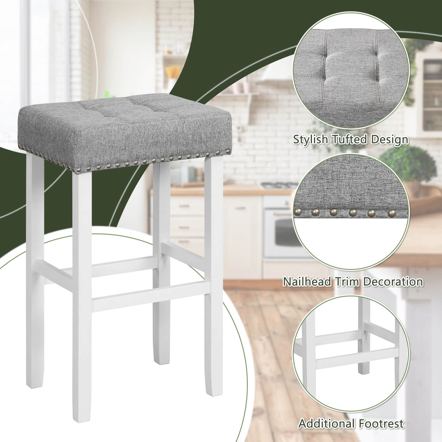 Set of 2 Counter Height Bar Stools with Tufted Cushions and Linen Upholstery 29 Inch
