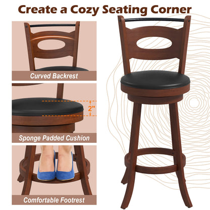 Counter Height Bar Stools Set of 2 with 360° Swivel and Curved Back, 29 Inch Upholstered Seat