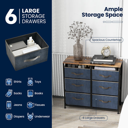 6 Drawer Fabric Dresser with Wide Top and Metal Frame, Rustic Storage Organizer with Anti-Tip Safety for Bedroom or Living Room
