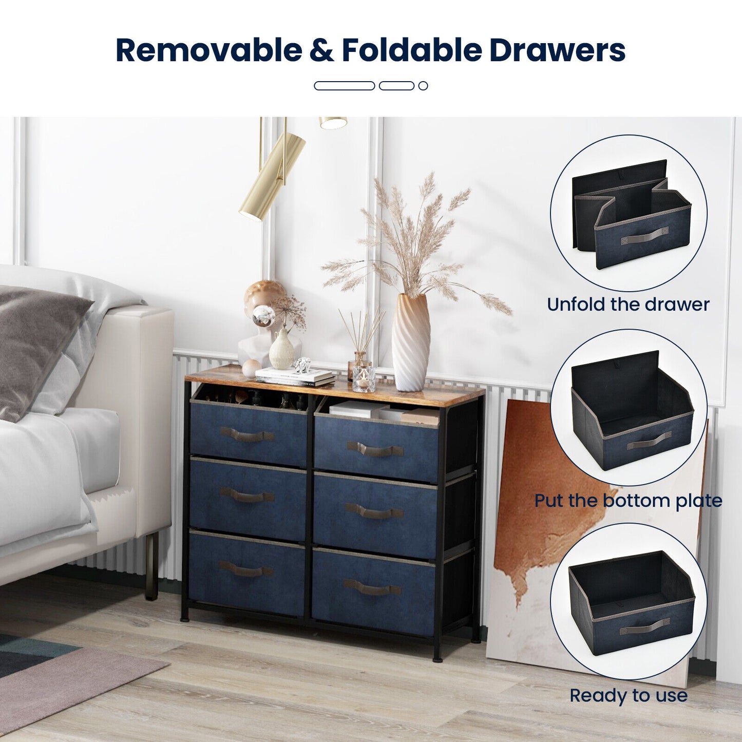 6 Drawer Fabric Dresser with Wide Top and Metal Frame, Rustic Storage Organizer with Anti-Tip Safety for Bedroom or Living Room