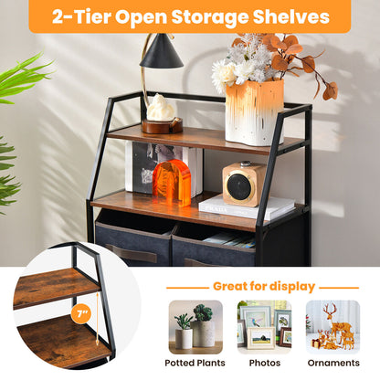4 Drawer Fabric Dresser with Open Shelves, Rustic Storage Tower for Home