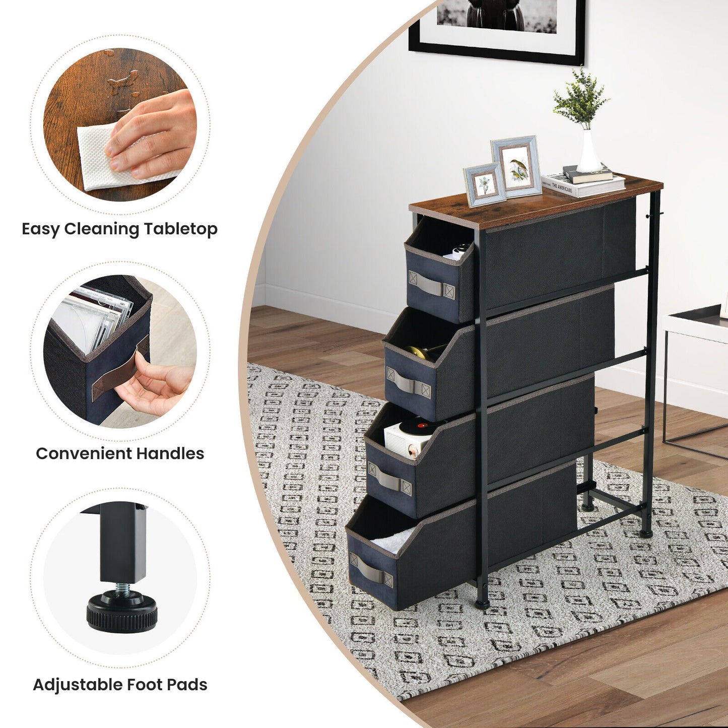 Slim 4 Drawer Fabric Dresser with Metal Frame, Narrow Vertical Storage Tower for Small Spaces