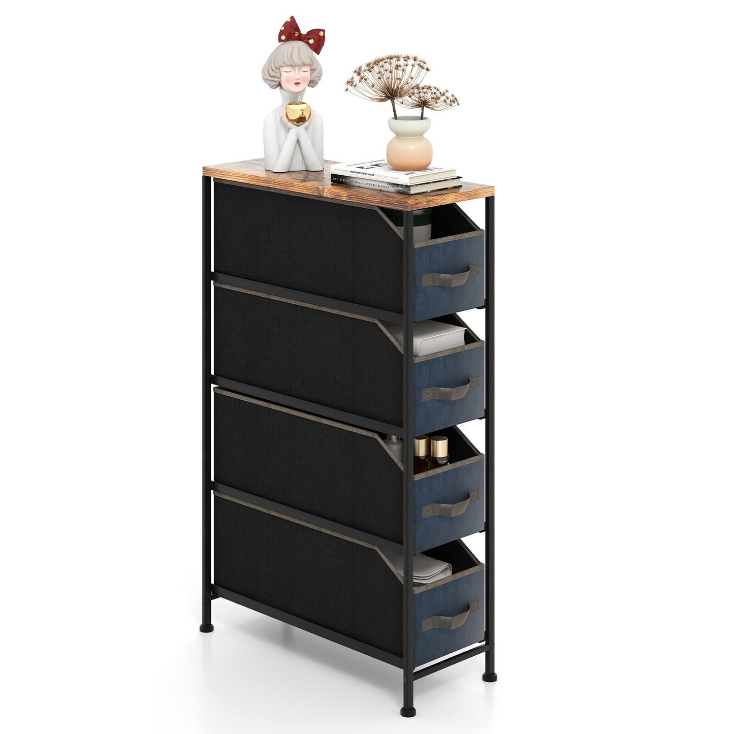 Slim 4 Drawer Fabric Dresser with Metal Frame, Narrow Vertical Storage Tower for Small Spaces