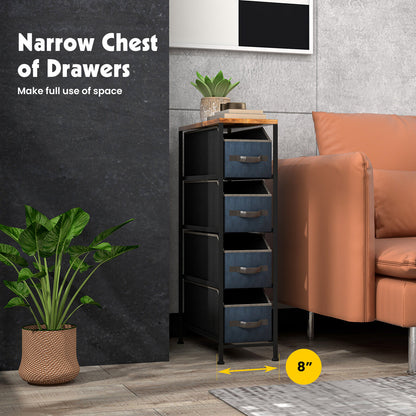 Slim 4 Drawer Fabric Dresser with Metal Frame, Narrow Vertical Storage Tower for Small Spaces