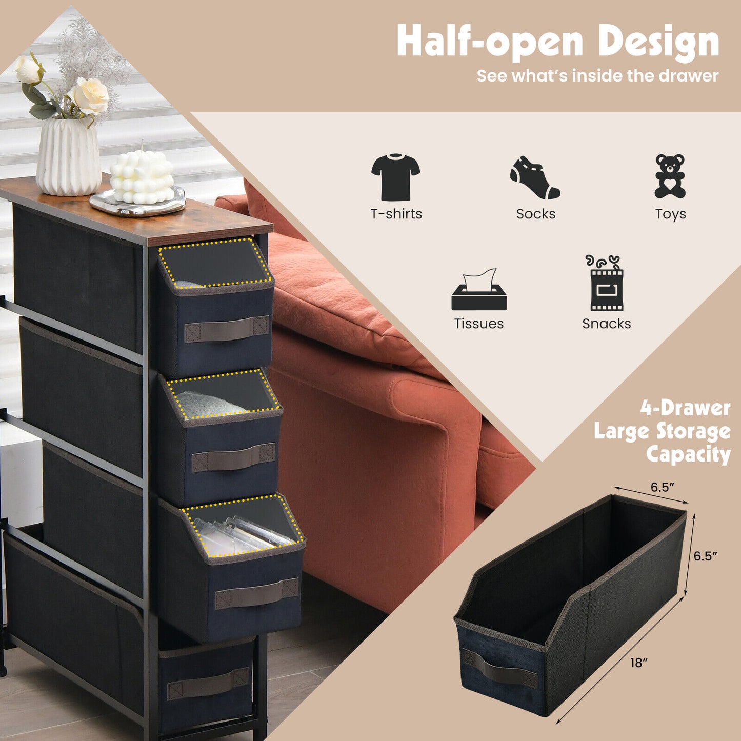 Slim 4 Drawer Fabric Dresser with Metal Frame, Narrow Vertical Storage Tower for Small Spaces