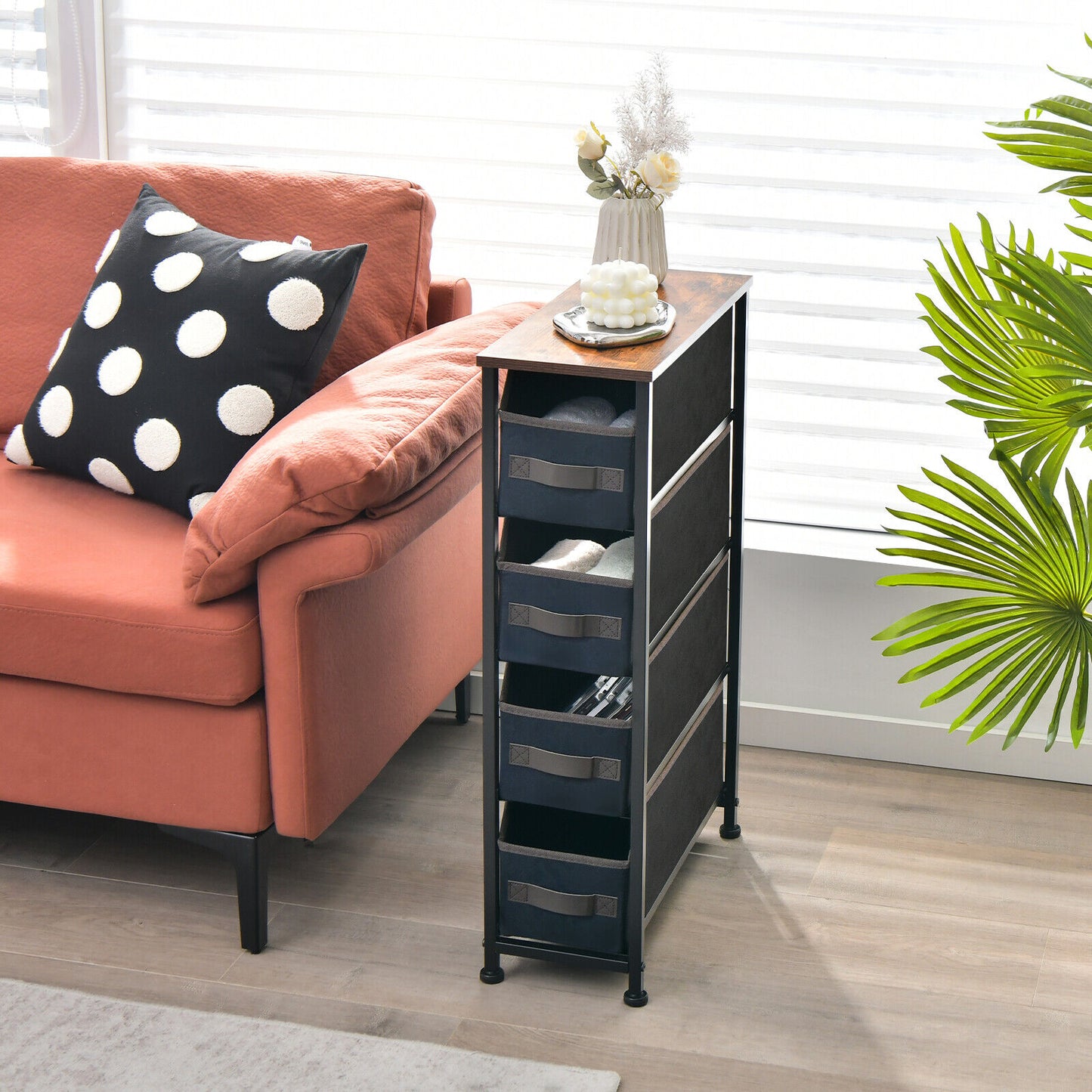 Slim 4 Drawer Fabric Dresser with Metal Frame, Narrow Vertical Storage Tower for Small Spaces