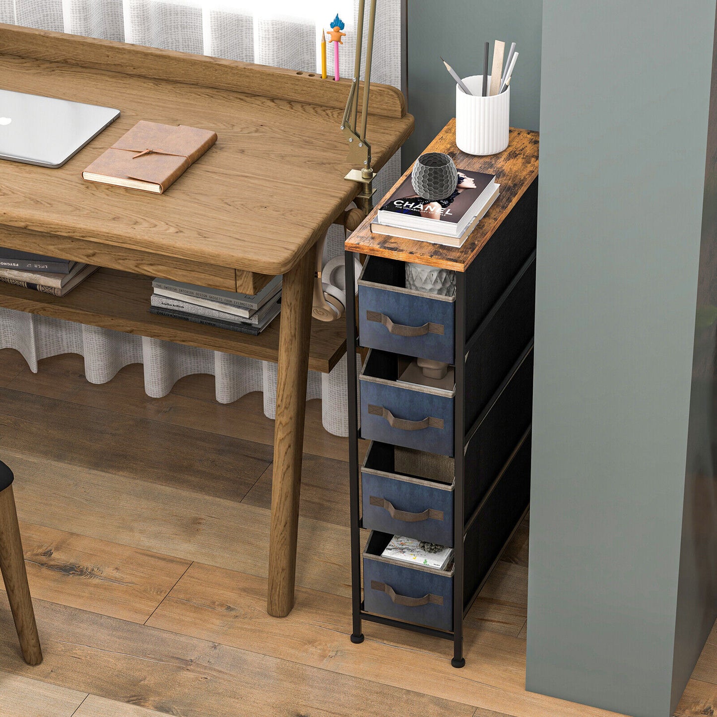 Slim 4 Drawer Fabric Dresser with Metal Frame, Narrow Vertical Storage Tower for Small Spaces