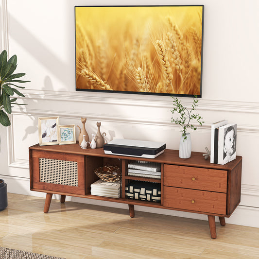 Bamboo TV Stand with Rattan and Glass Doors for TVs up to 65 Inches - Brown