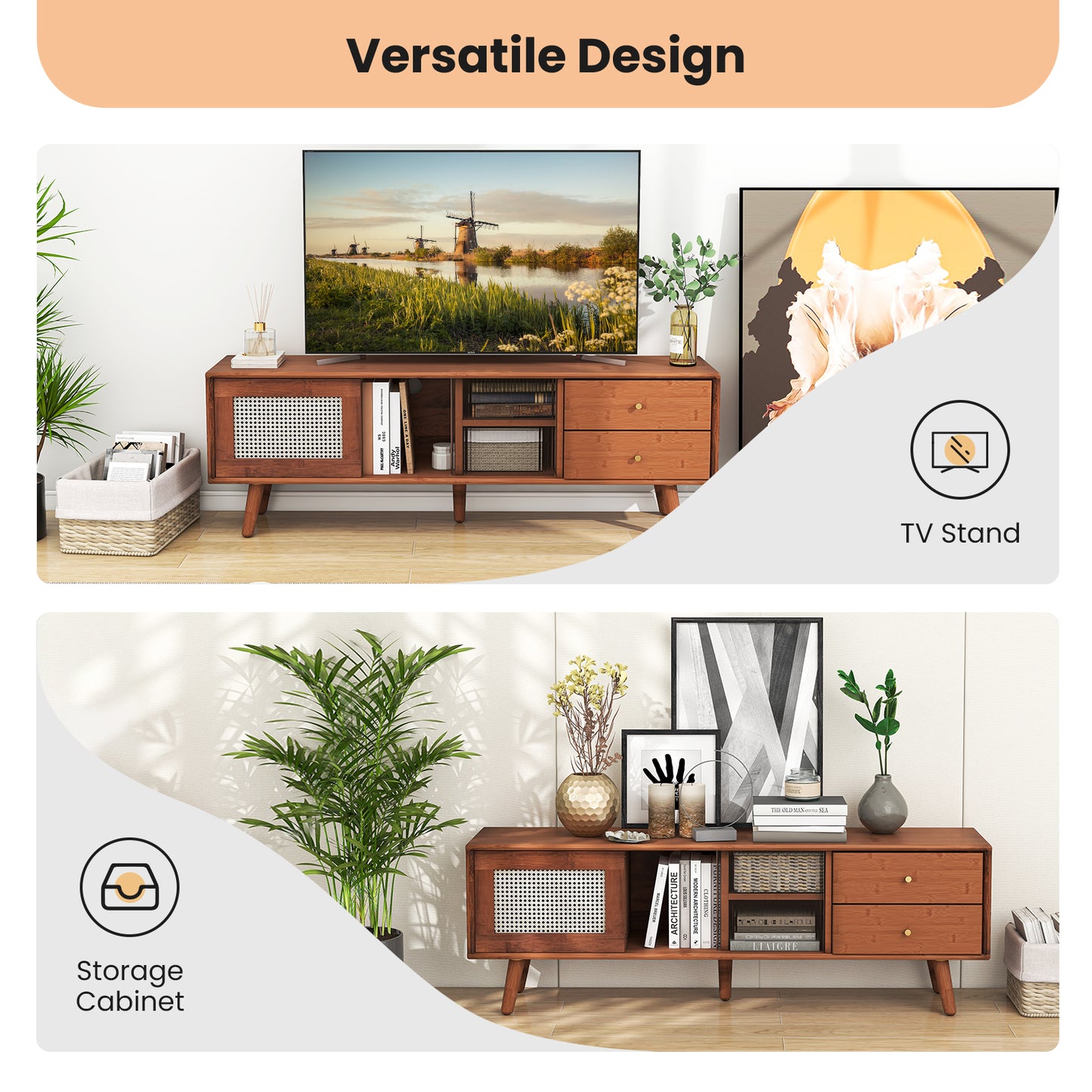 Bamboo TV Stand with Rattan and Glass Doors for TVs up to 65 Inches - Brown