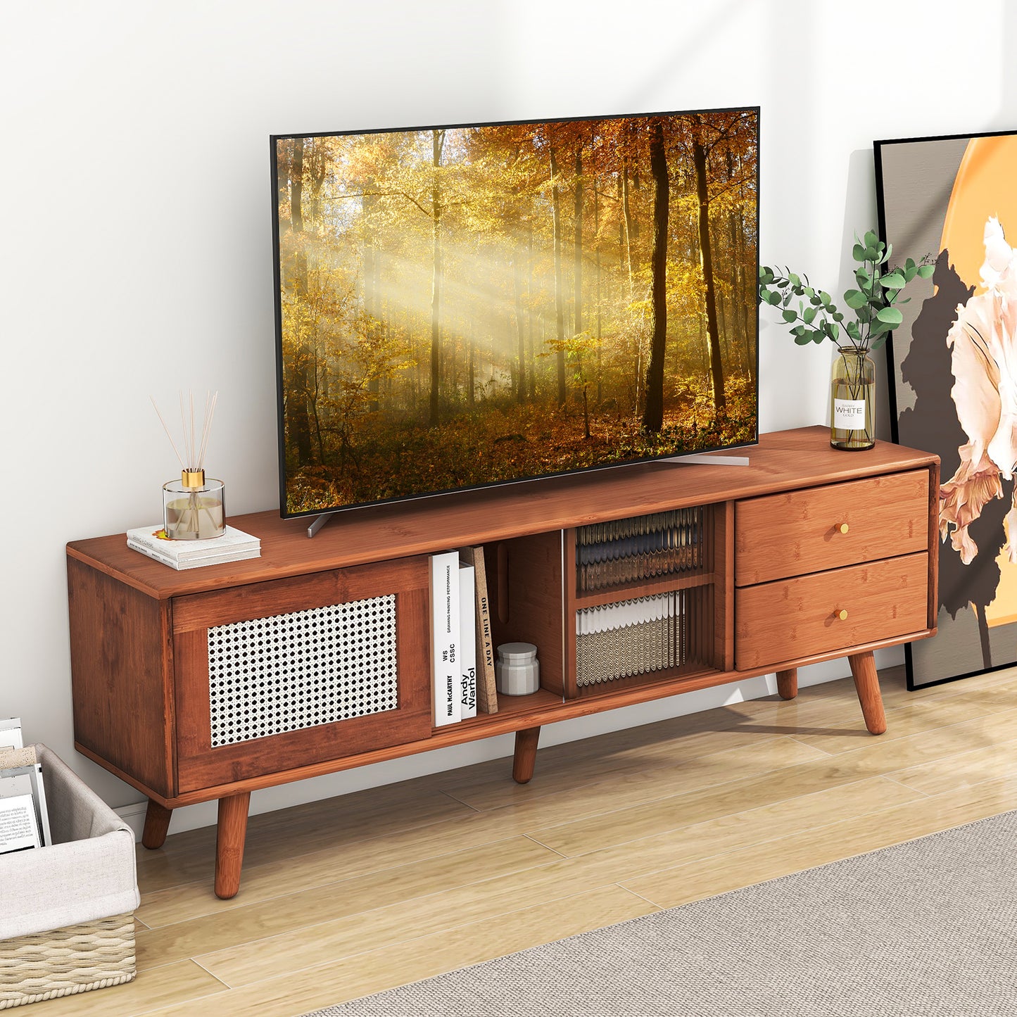 Bamboo TV Stand with Rattan and Glass Doors for TVs up to 65 Inches - Brown