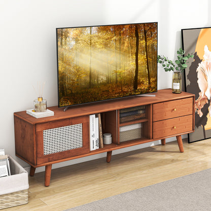 Bamboo TV Stand with Rattan and Glass Doors for TVs up to 65 Inches - Brown