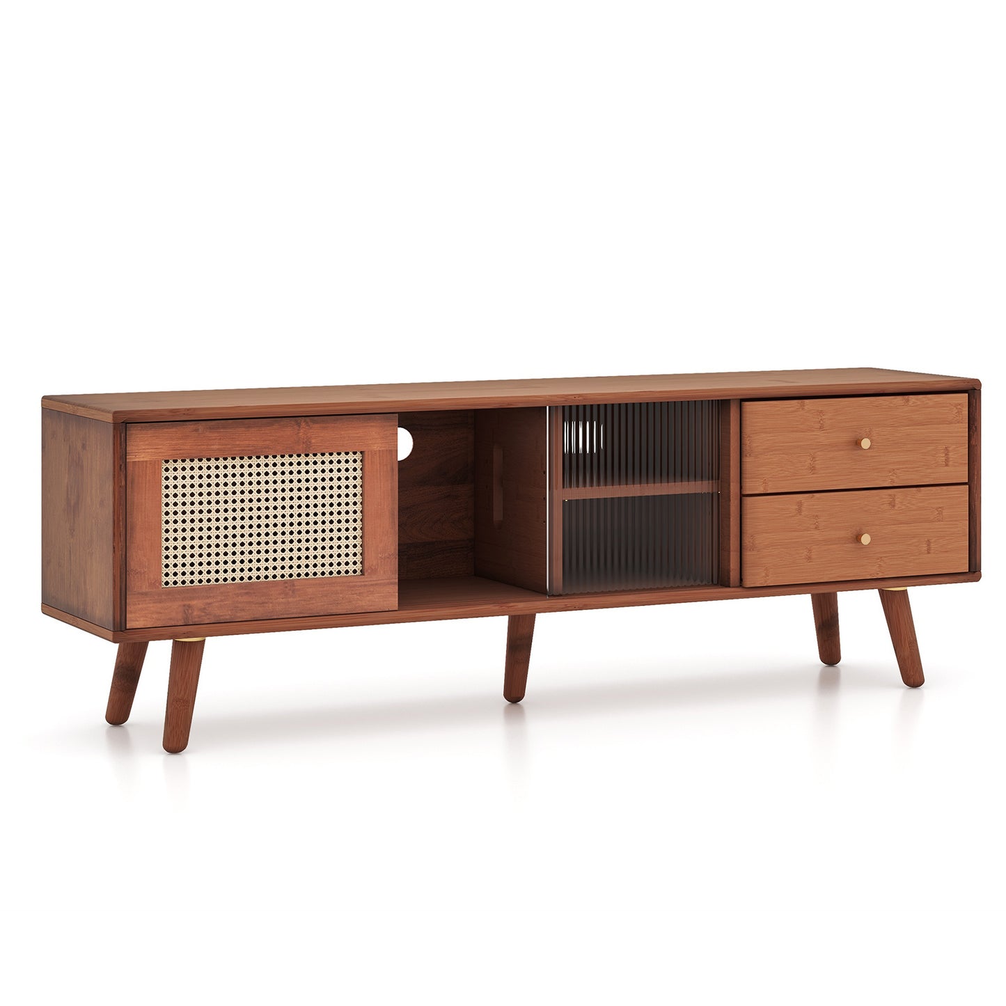 Bamboo TV Stand with Rattan and Glass Doors for TVs up to 65 Inches - Brown