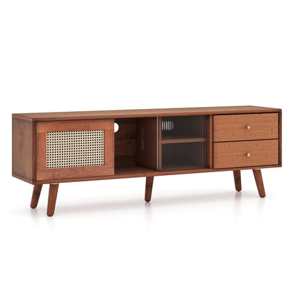 Bamboo TV Stand with Rattan and Glass Doors for TVs up to 65 Inches - Brown