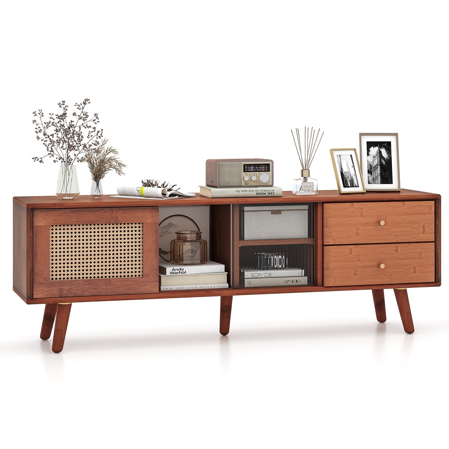 Bamboo TV Stand with Rattan and Glass Doors for TVs up to 65 Inches - Brown